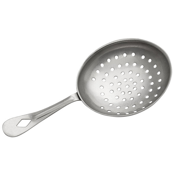 An American Metalcraft stainless steel Julep strainer with holes.