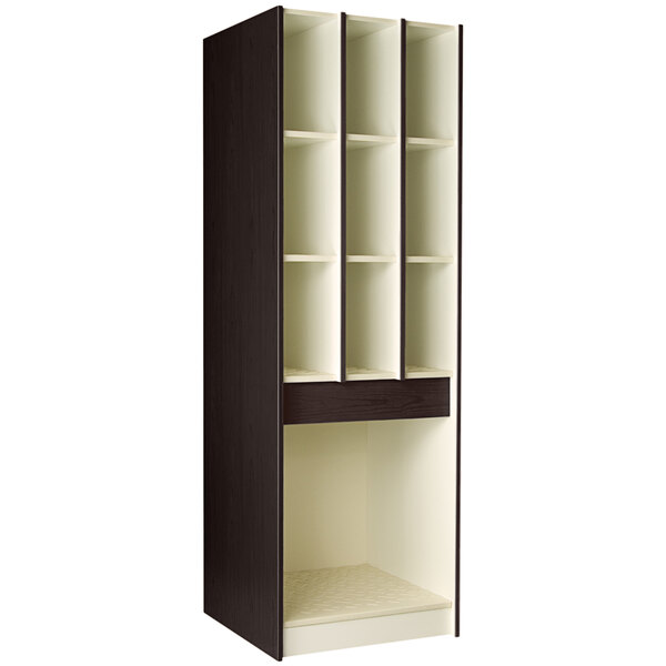 A midnight maple I.D. Systems storage cabinet with shelves and a door.