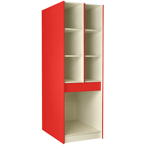 A red and white storage cabinet with shelves.