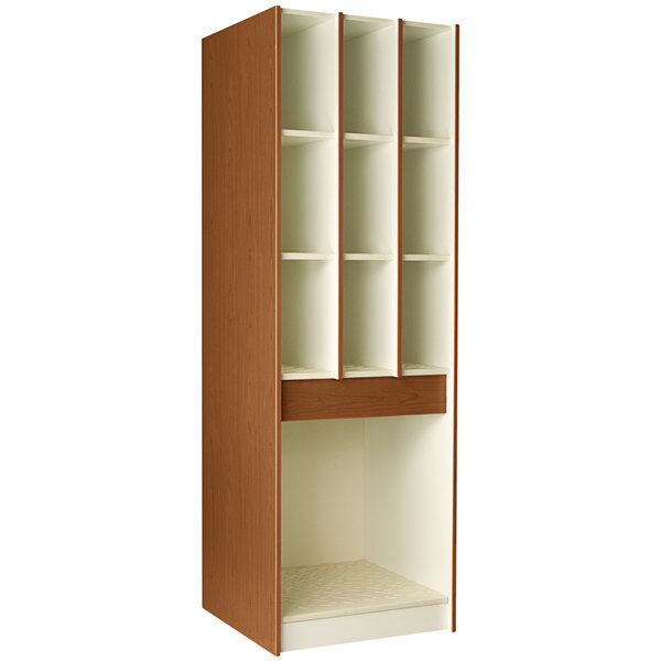 A medium cherry wooden cabinet with shelves and doors.