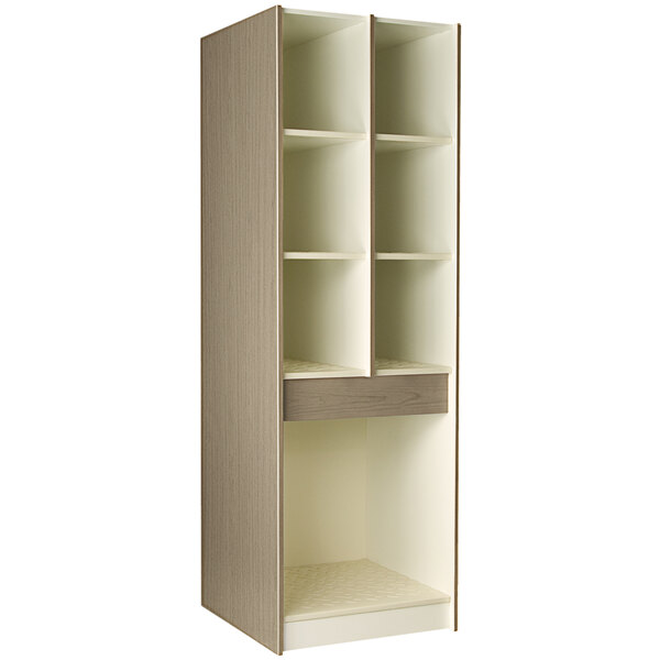 An I.D. Systems natural elm storage cabinet with shelves and compartments.