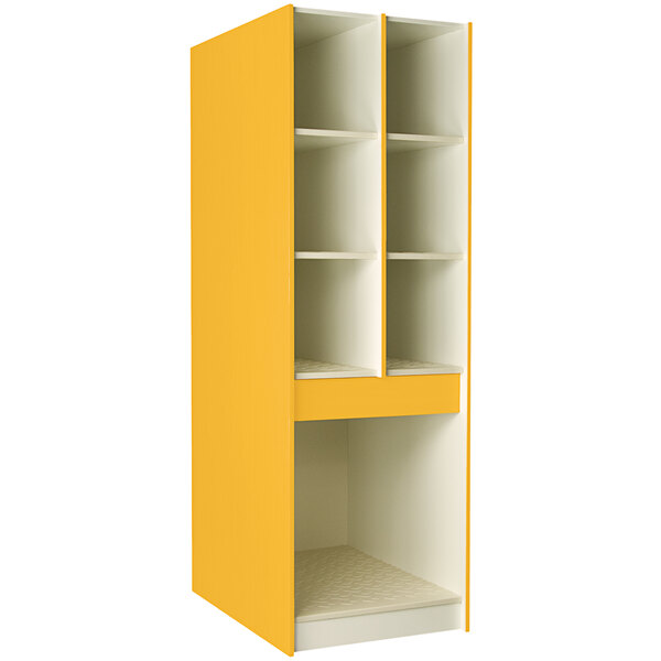 A yellow I.D. Systems storage cabinet with shelves.