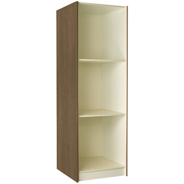 A tall brown and white I.D. Systems Roman Walnut instrument storage cabinet with shelves.