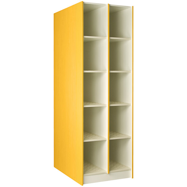 A yellow I.D. Systems instrument storage cabinet with shelves.