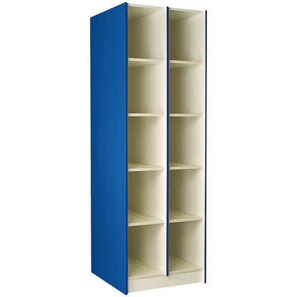 A royal blue I.D. Systems instrument storage cabinet with 10 compartments.