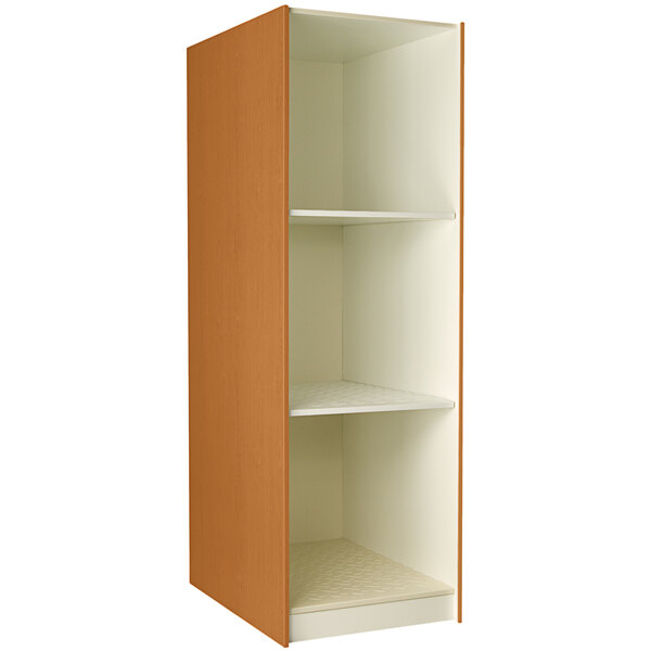 A tall wooden I.D. Systems storage cabinet with shelves.