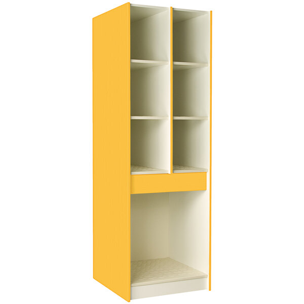 A yellow I.D. Systems instrument storage cabinet with shelves and a door.