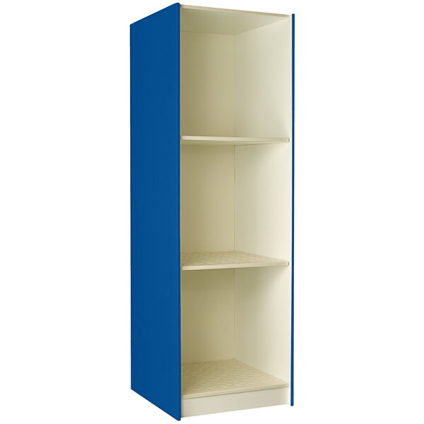 A royal blue I.D. Systems instrument storage cabinet with 3 compartments.