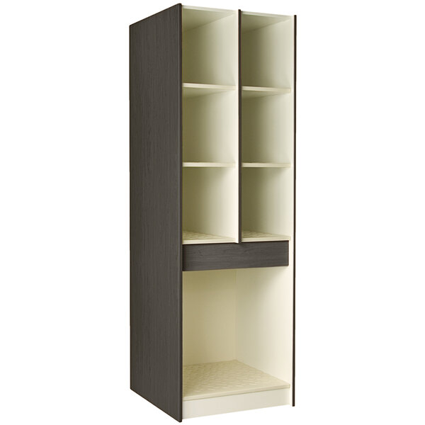 A tall dark elm storage cabinet with shelves including (6) 12 3/8" compartments and (1) 25 1/2" compartment.