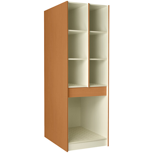 A light oak I.D. Systems tall storage cabinet with shelves and doors.