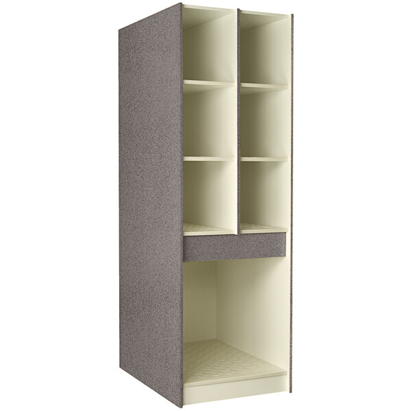 A grey and white I.D. Systems instrument storage cabinet with shelves.