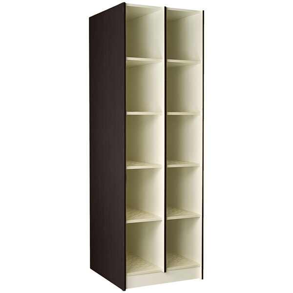 A tall black shelf with 10 compartments.