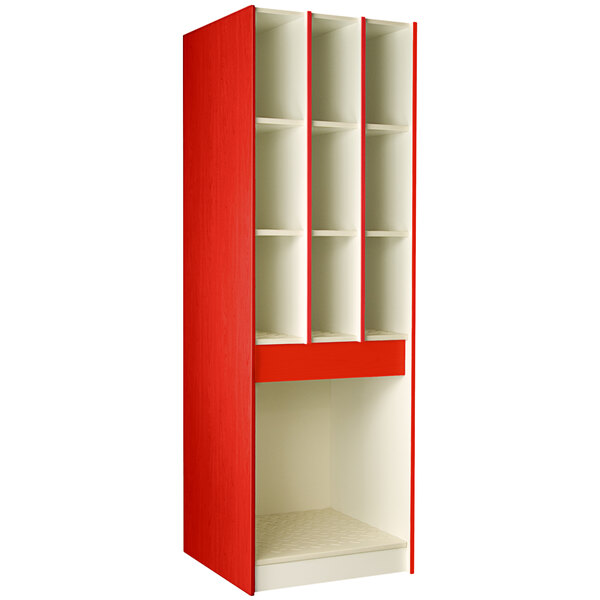 A red and white I.D. Systems instrument storage cabinet with 9 small compartments and 1 large compartment.