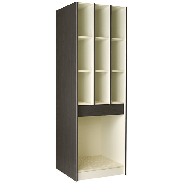 An I.D. Systems dark elm storage cabinet with 9 small and 1 large compartment behind a door.