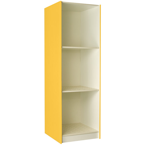 A yellow shelf with white shelves.