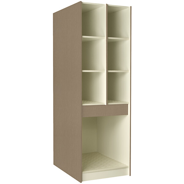 A brown I.D. Systems tall storage cabinet with shelves and doors.
