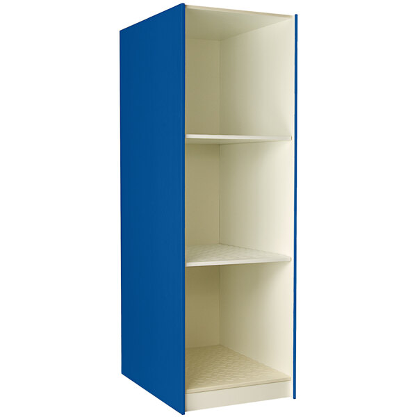 A royal blue I.D. Systems storage cabinet with three compartments.