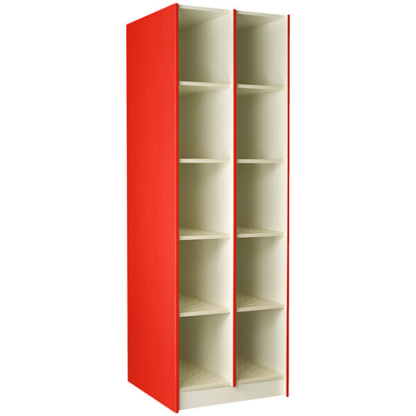 A red and white tall cabinet with 10 compartments.