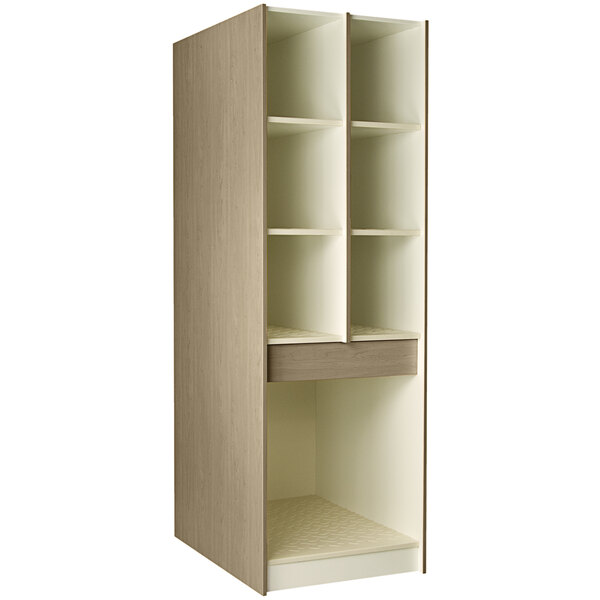 A tall natural elm I.D. Systems storage cabinet with shelves and doors.