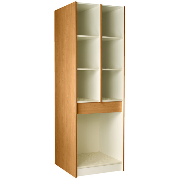 A tall wooden I.D. Systems instrument storage cabinet with shelves and doors.