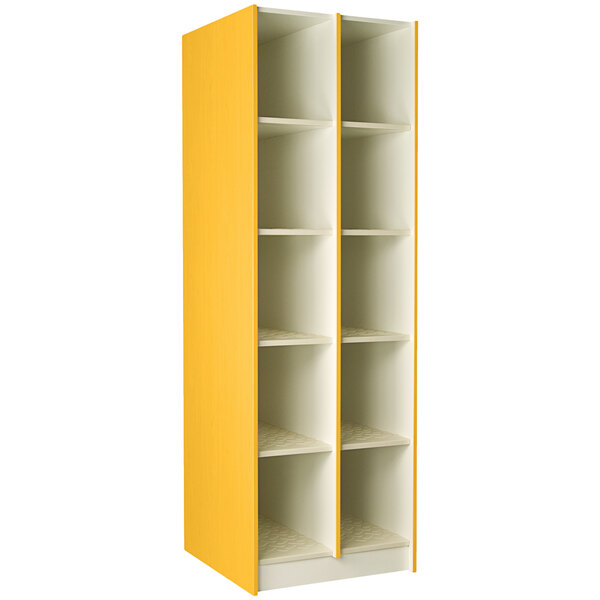 A sun yellow I.D. Systems instrument storage cabinet with 10 compartments.
