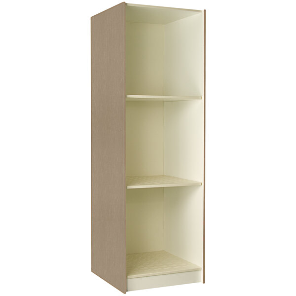 An I.D. Systems tall white shelf with shelves.