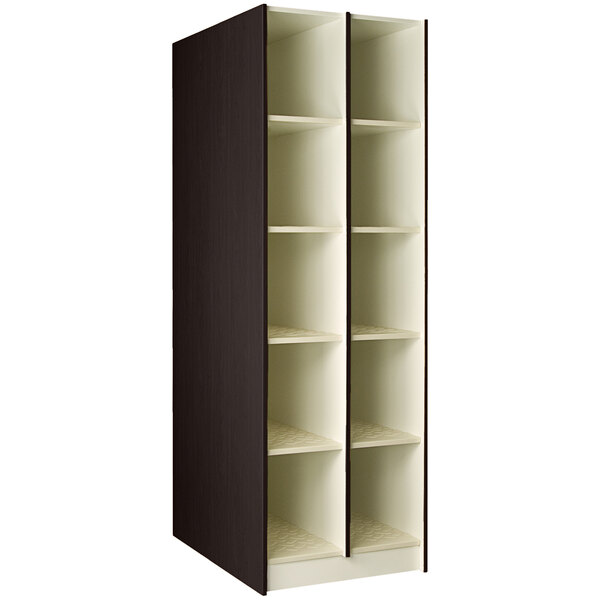 A black I.D. Systems instrument storage cabinet with 10 compartments on four shelves.