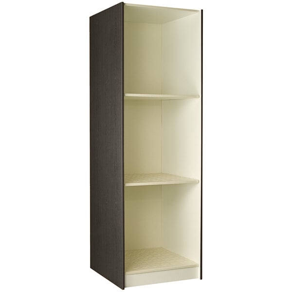 An I.D. Systems dark elm 3 compartment storage cabinet with shelves.