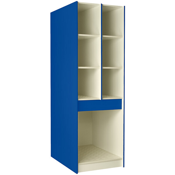 A royal blue I.D. Systems storage cabinet with white shelves.