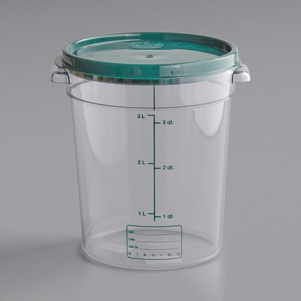 Vigor 4 Qt. Clear Round Polycarbonate Food Storage Container and Green Lid