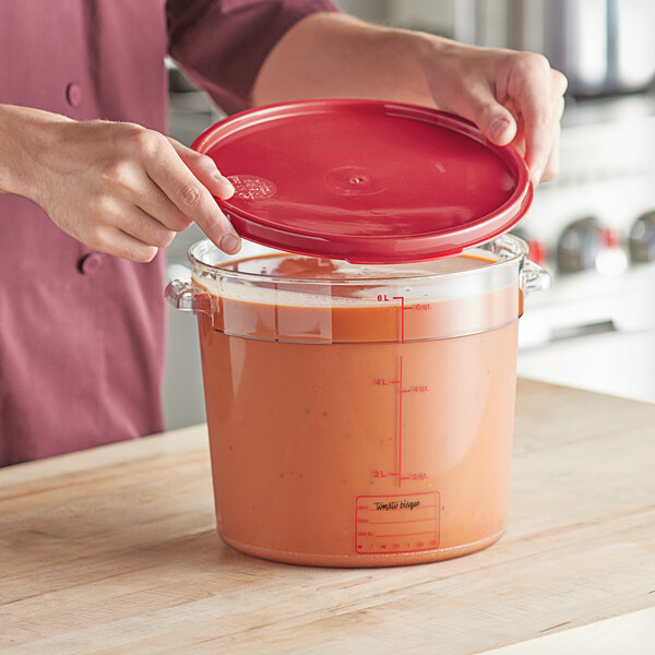 Vigor 8 Qt. Clear Square Polycarbonate Food Storage Container and Red Lid