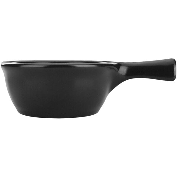 An International Tableware black stoneware soup crock with a handle.