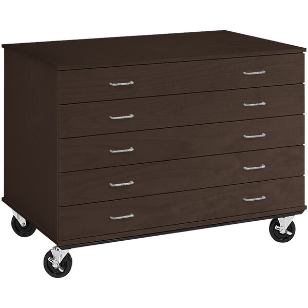 A brown I.D. Systems mobile storage cabinet with five drawers and silver handles on wheels.
