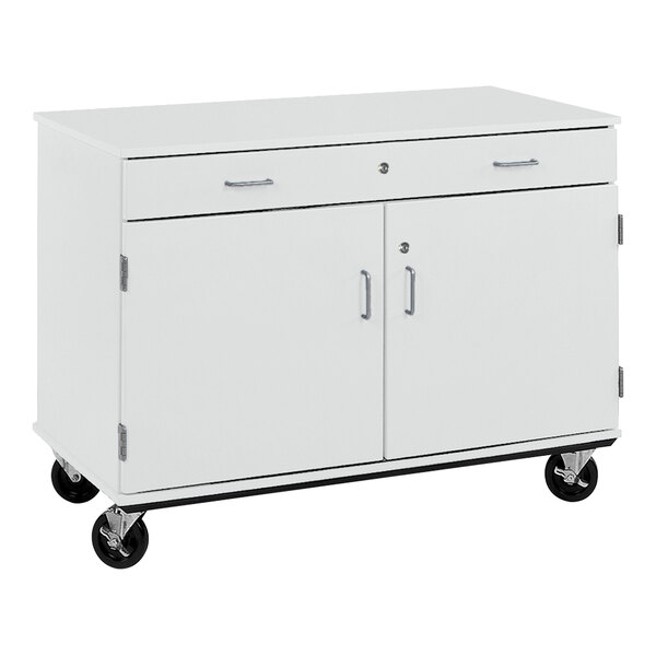 A grey I.D. Systems mobile storage cabinet with two doors on wheels.