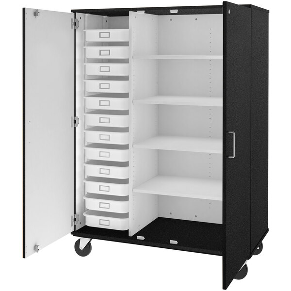 A graphite and white mobile storage cabinet with trays and shelves.