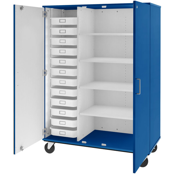 A royal blue and white storage cabinet with drawers and shelves.