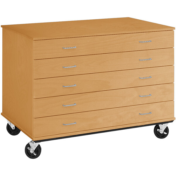 A maple mobile storage cabinet with five drawers on wheels.