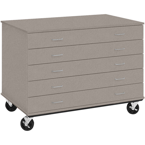 A grey I.D. Systems mobile storage cabinet with five drawers on wheels.
