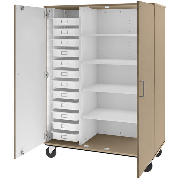 A large metal cabinet with shelves, a white door, and a brown frame with trays inside.