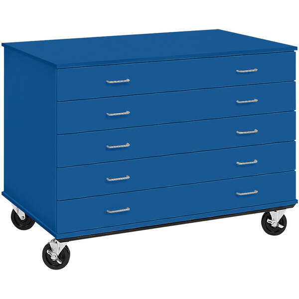 A royal blue mobile storage cabinet with five drawers on wheels.