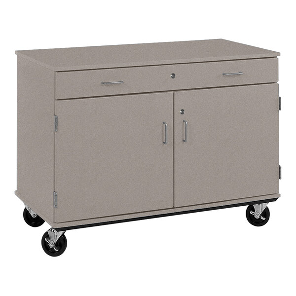 An I.D. Systems grey cabinet on wheels with two doors.