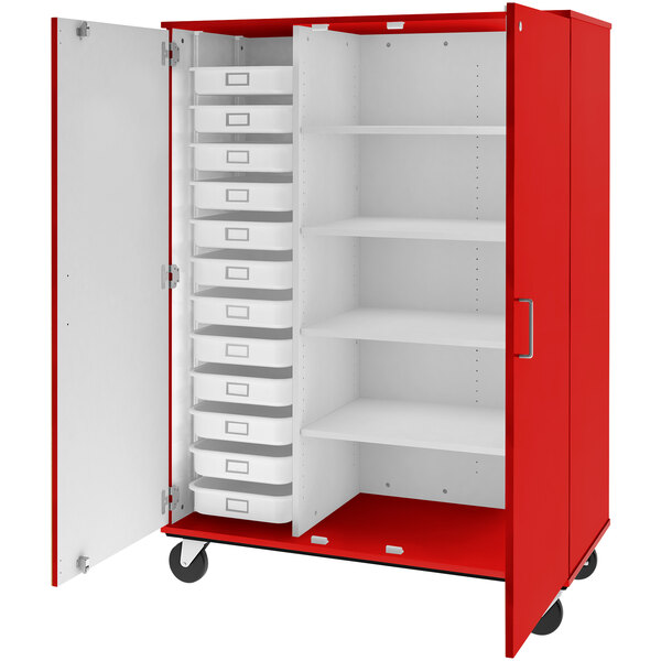 A red and white storage cabinet with shelves and drawers.