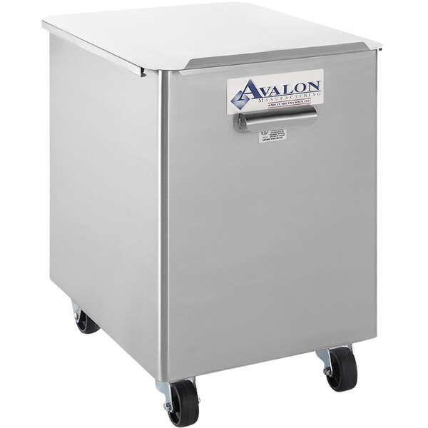 An Avalon stainless steel ingredient bin on wheels.