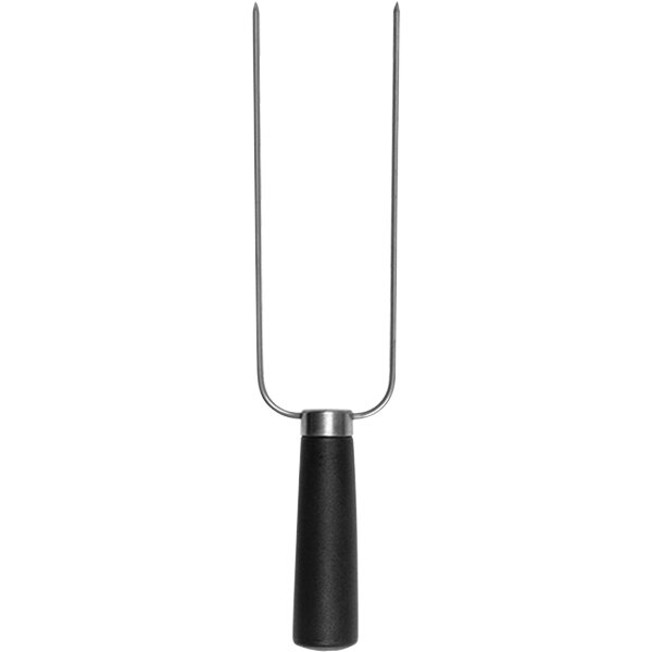 A black and silver meat fork with a black cylindrical handle.