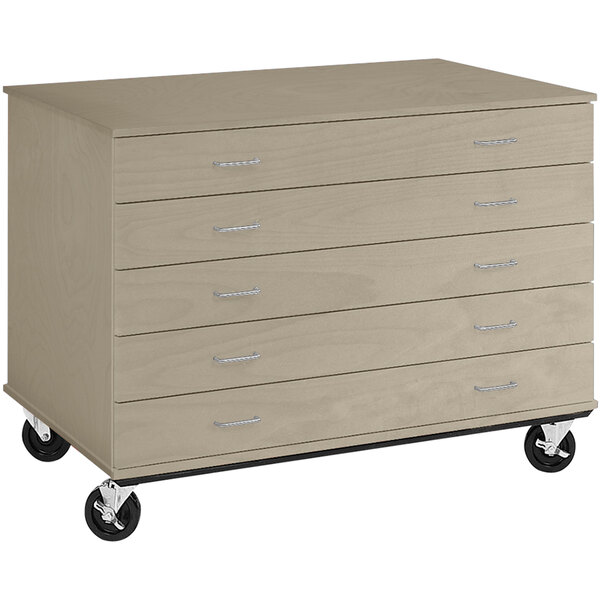 A large natural wood mobile storage cabinet with five drawers on wheels.
