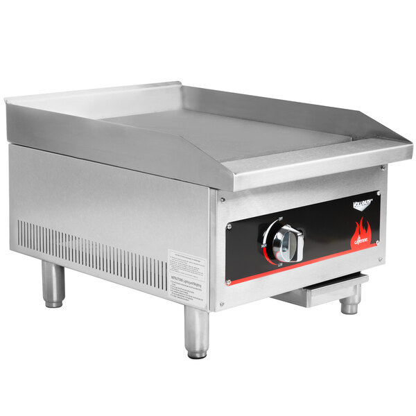 A large stainless steel Vollrath countertop griddle with a knob.