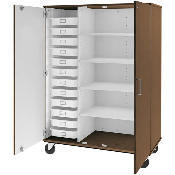 A large brown wooden storage cabinet with white shelves.