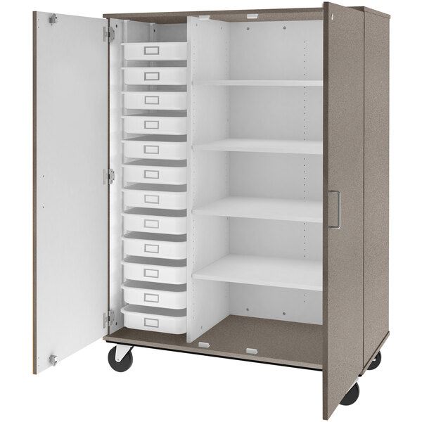 A grey metal I.D. Systems mobile storage cabinet with drawers and shelves.