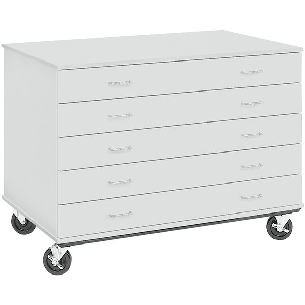 A grey 5-drawer mobile storage cabinet with silver handles and wheels.