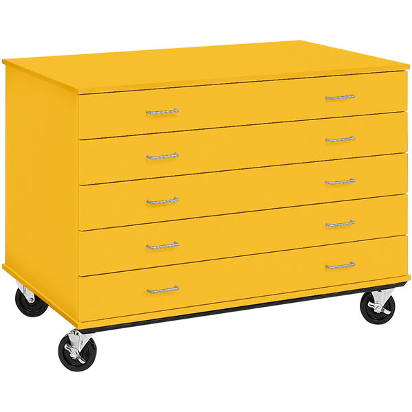 A sun yellow I.D. Systems mobile storage cabinet with five drawers on wheels.